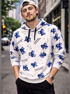 MENS SUREVE JAPANESE BEAR GRAPHIC HOODIE SIZE M LIGHTWEIGHT STREETWEAR